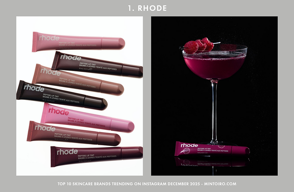 Rhode lip tints in varied shades beside a raspberry cocktail on black background.
