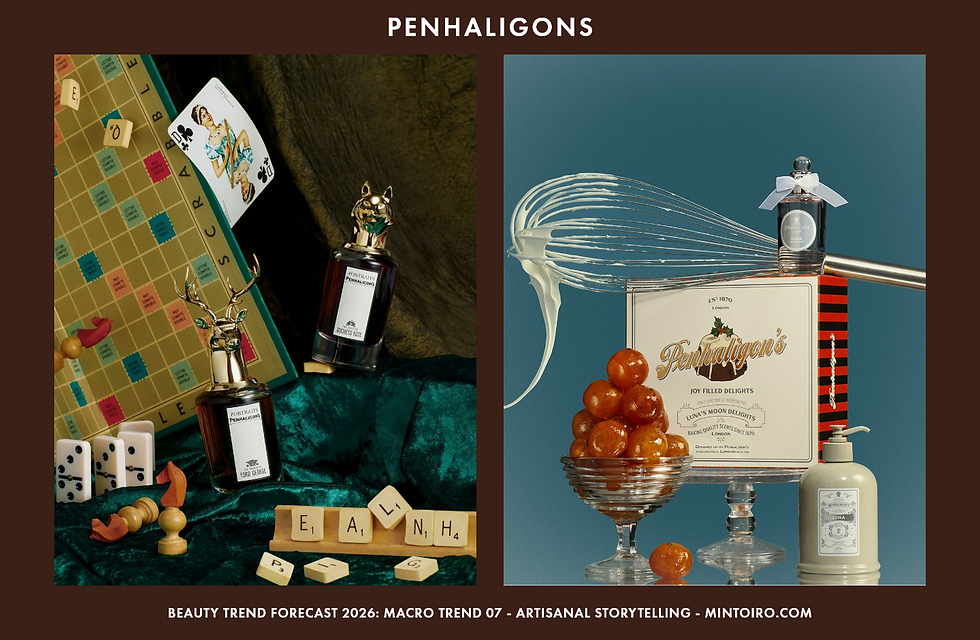 Perfume bottles with animal heads on velvet next to Scrabble and cards. A whisk and sweets in a glass stand are on the right.