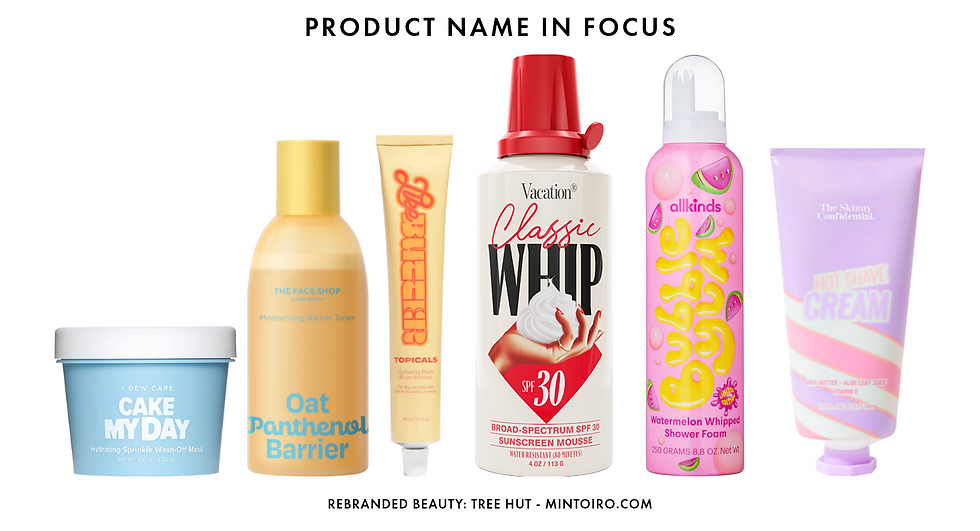 Six colorful skincare products in a row. Text above reads "PRODUCT NAME IN FOCUS." Bright, varied packaging. White background.