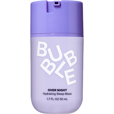 A lavender-colored, cylindrical container for Bubble Over Night Hydrating Sleep Mask. The label "BUBBLE" in bold white cut-out letters dominates the front, with "OVER NIGHT Hydrating Sleep Mask" in smaller print below. The container has a capacity of 1.7 FL OZ or 50 mL.