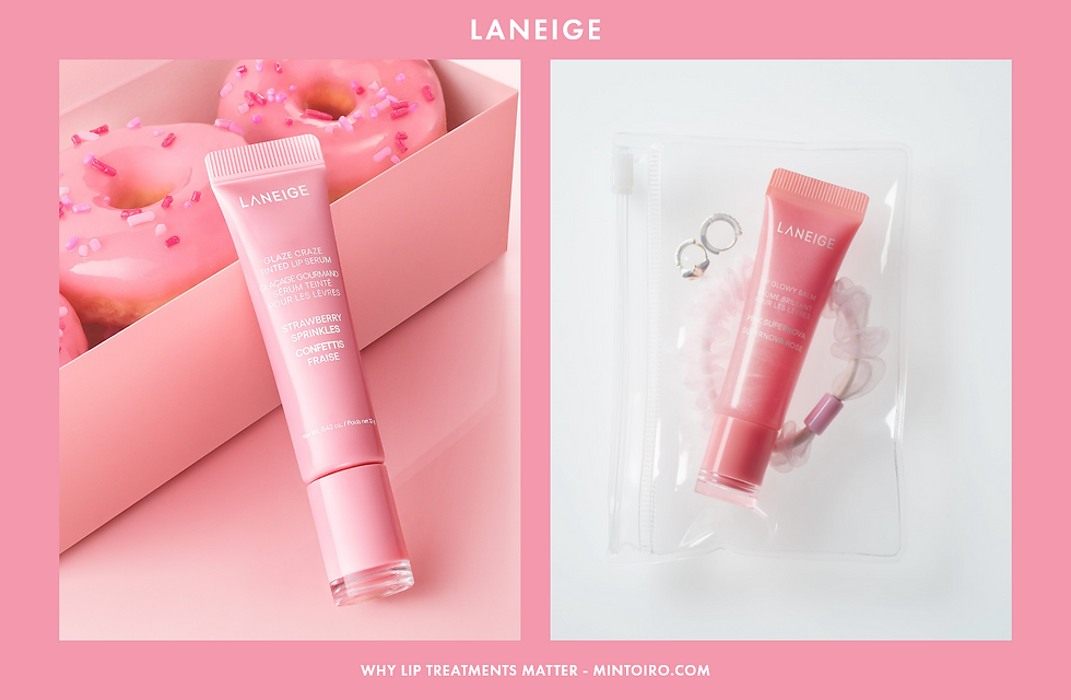 Lip serum and balm with pink donuts and sprinkles in a box. Laneige branding. Products in a clear pouch. Pink themed. Mood: playful.