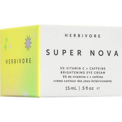Herbivore's Super Nova eye cream box is vibrant, with a gradient from yellow to white, stating the product's brightening vitamin C and caffeine contents and its suitability for all skin types.