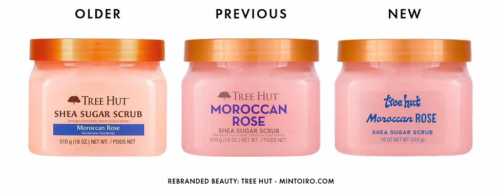Comparison photos of the Older, Previous and new design for the Tree Hut Moroccan Rose Shea Sugar Scrub.