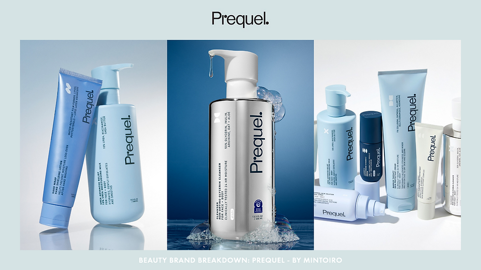 Prequel product lineup with blue tones, includes hand cream, cleanser with bubbles, and skincare tubes against a light blue background.