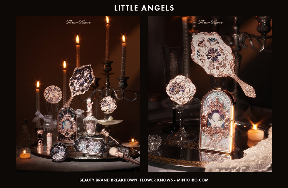 Ornate beauty products with floral designs on a table, surrounded by lit candles and a dark background. Text: Little Angels, Flower Knows.