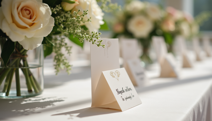 Eye-level view of a wedding reception table with personalized name cards and floral centerpieces