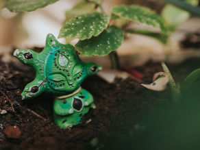 A small, intricately designed fertility statue is nestled amidst lush greenery at the Lunita Jungle Fertility Retreat Center, symbolizing growth and new beginnings.