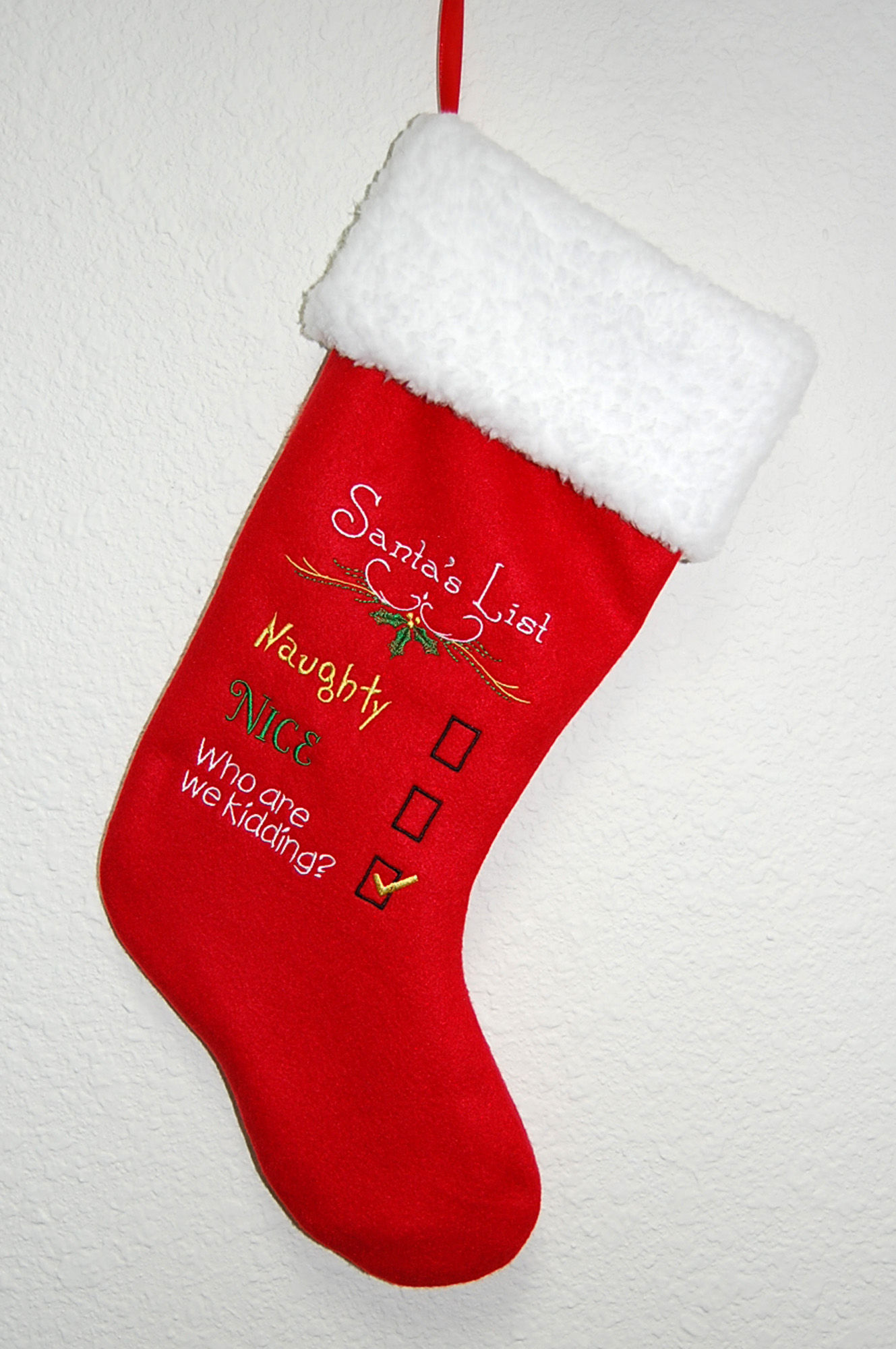 Santa's List embroidered Christmas stocking