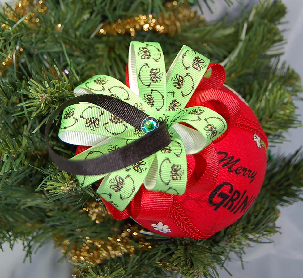 Thumbnail: Grinch ornament made w/licensed Grinch (red) cotton fabric/styrofoam ball - 4"