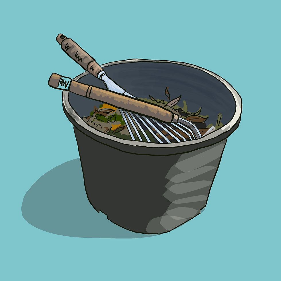 digital drawing of a black bucket filled with weeds and hand tools. Digital drawing by Katie Burnham.