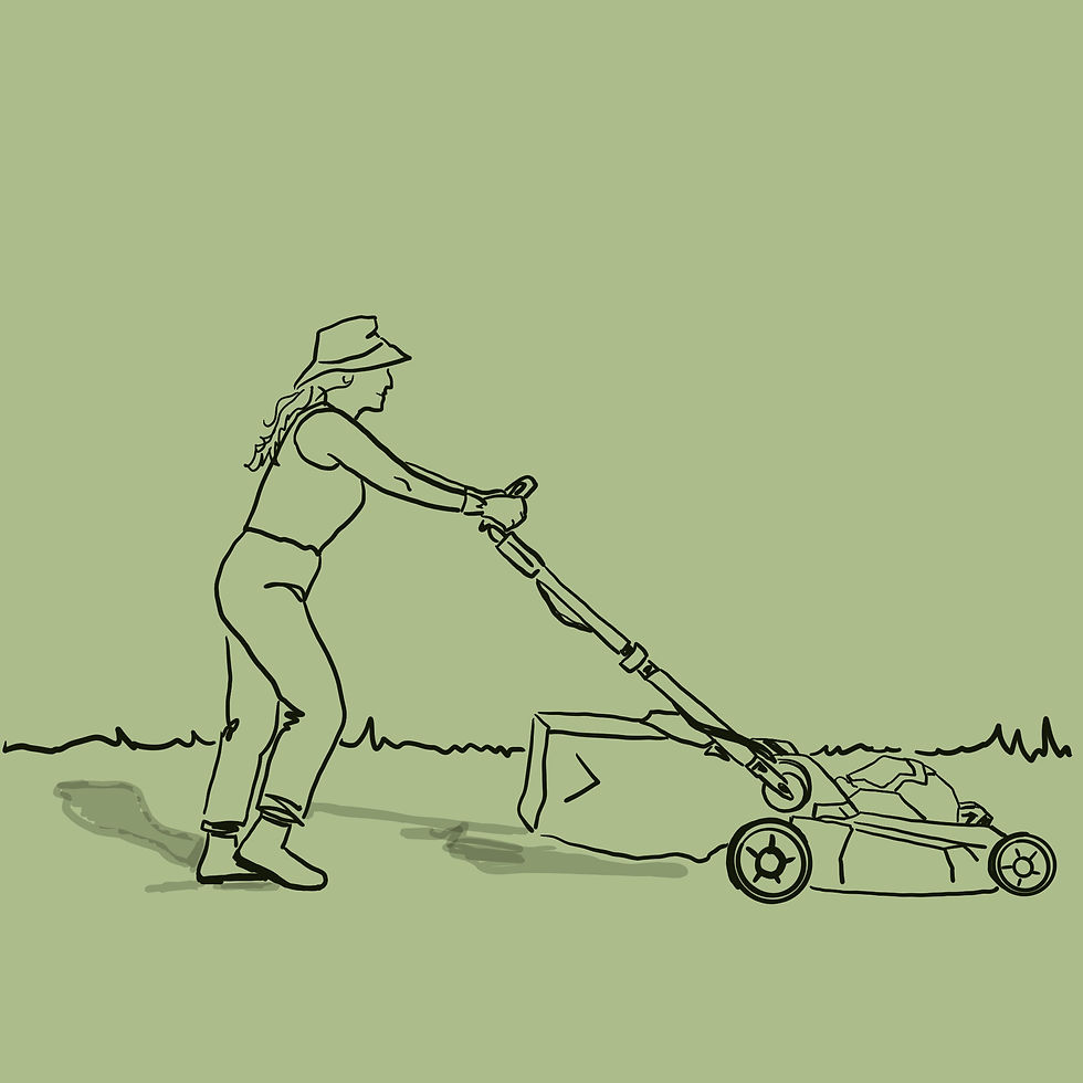 Digital line drawing of a gal mowing the lawn. Original drawing by Katie Burnham.