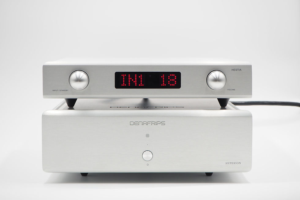Denafrips Hestia 12th Preamp silver stacked with other gear