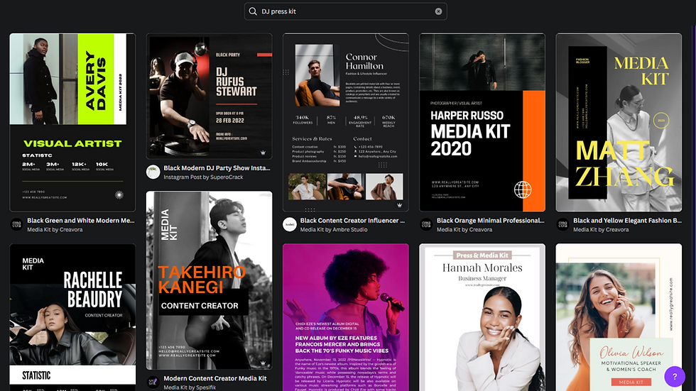 A screenshot of the canva template search engine query DJ Press Kit.