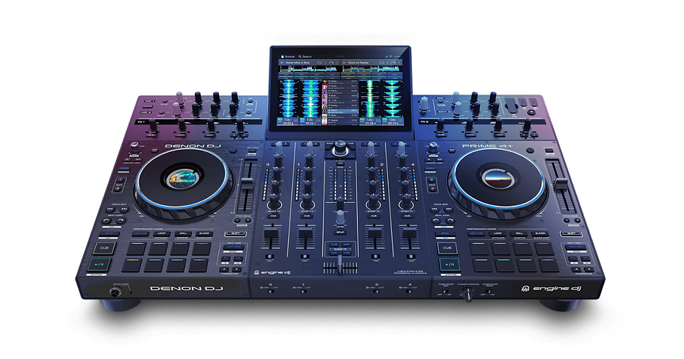 Top-down view of a Denon DJ Prime 4+ standalone DJ system with integrated touch screen display and multi-colored performance pads.