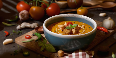 3D food illustration of a bowl of tomato chutney with bread stylized and made with blender cycles
