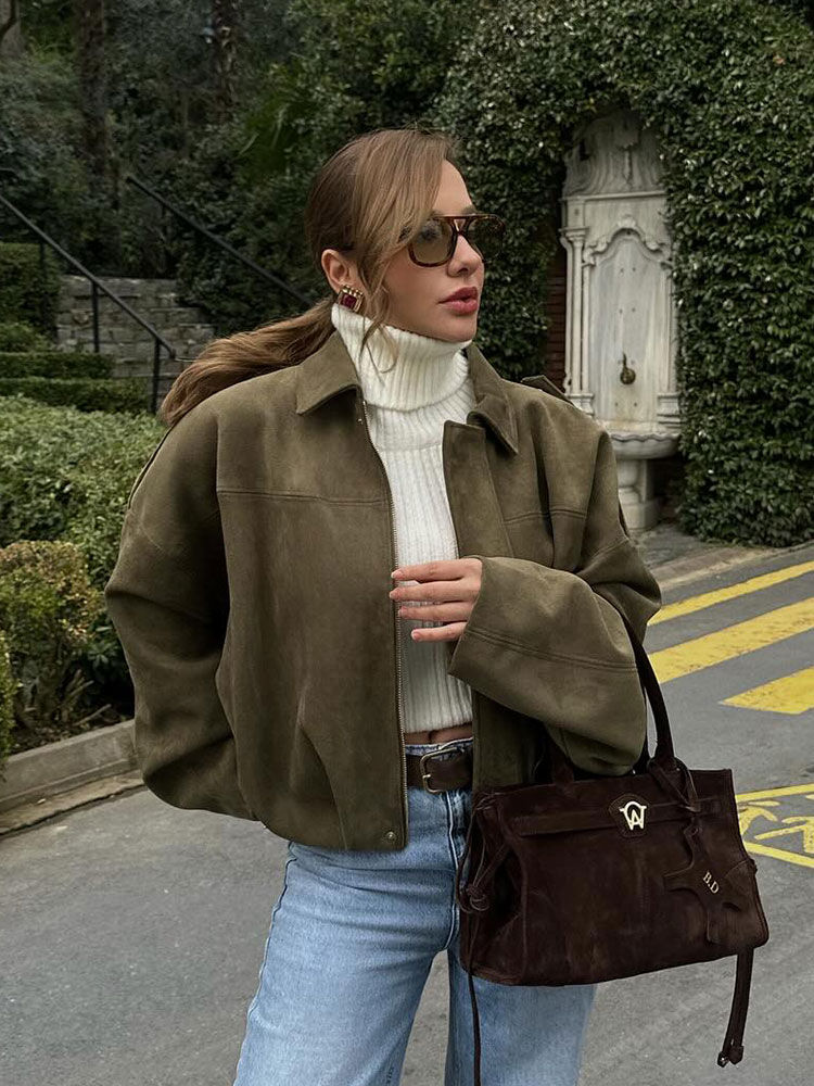 Miniatura: Casaco Feminino em Suede com Manga Morcego e Modelagem Solta – Moda Casual Elega