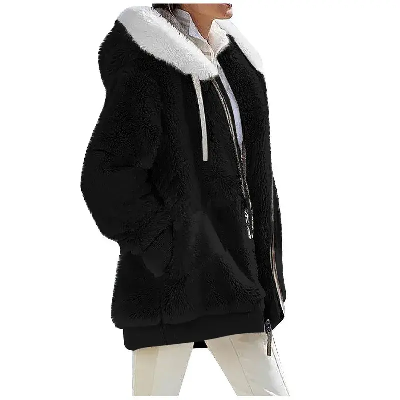 Miniatura: Casaco Feminino Casual com Capuz e Zíper – Jaqueta Estilo Cashmere para Outono e