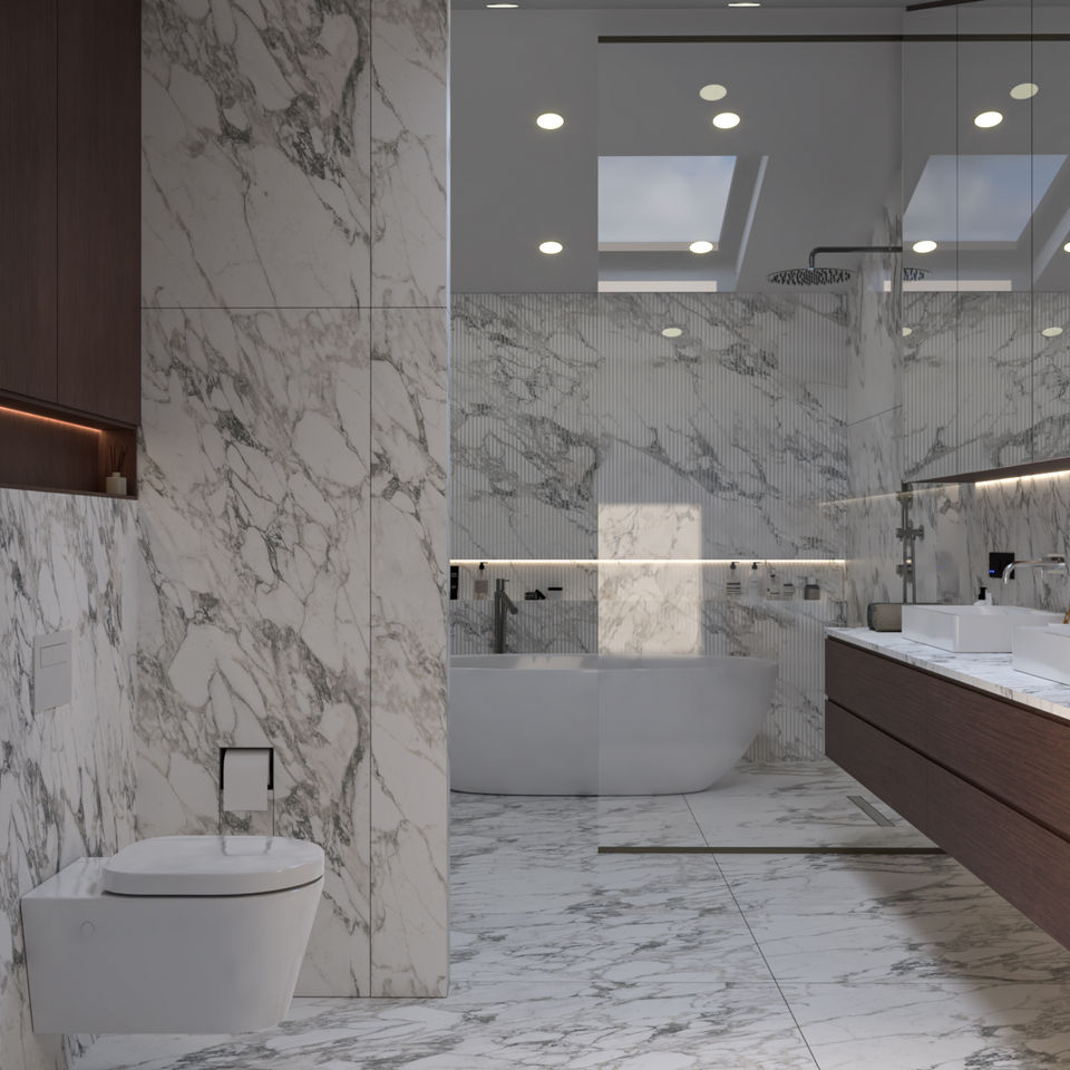 Mermer yüzeyli roof suit banyo, cam bölmeli modern iç mimari tasarımı