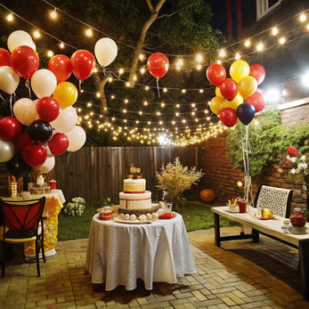 Party with balloons, cake, and string lights in the backyard setting.