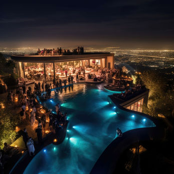 Nighttime view of a venue with pool, city lights, and people Venue Spaces Venuora