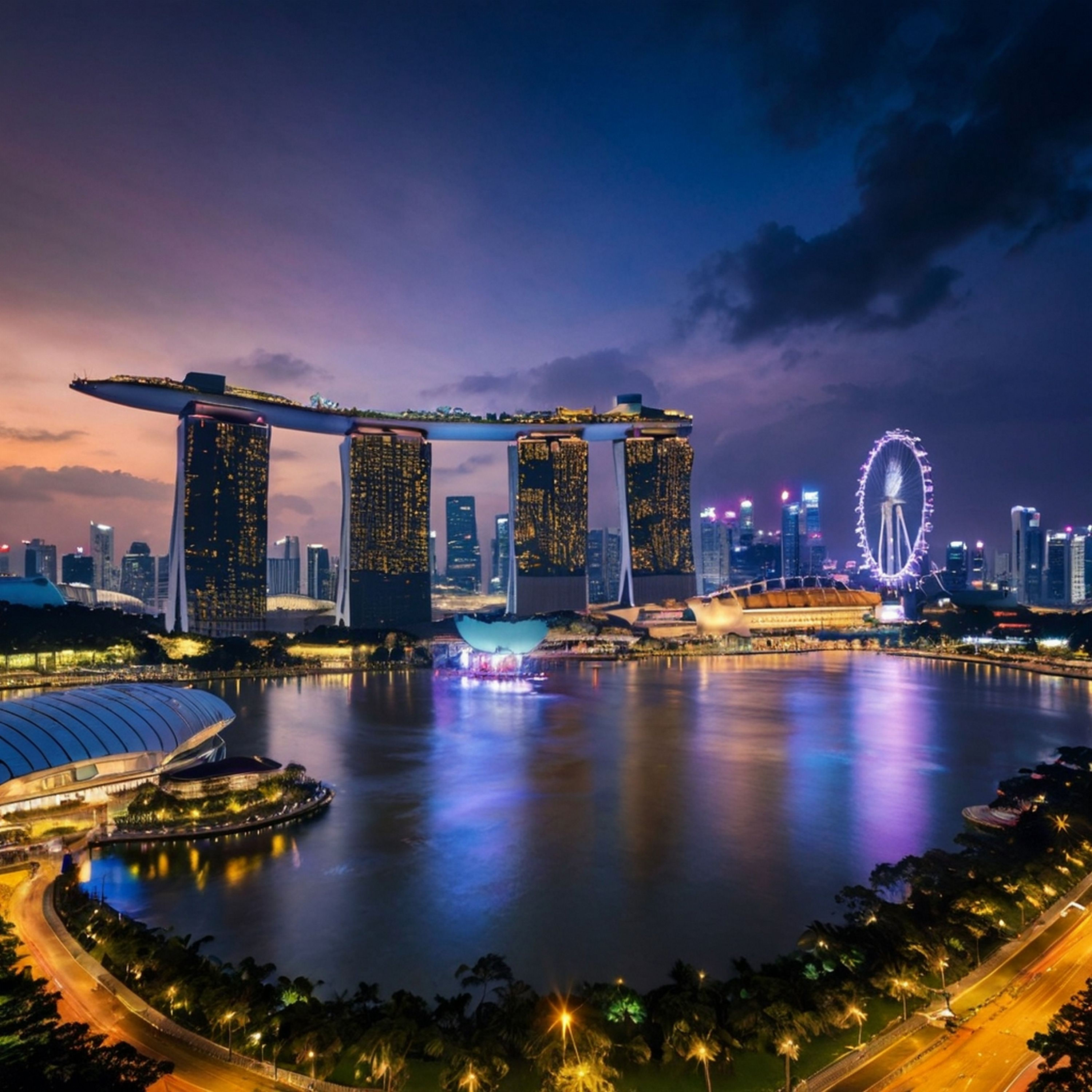 Marina Bay Sands at sunset over water, cityscape and Singapore flyer Travique