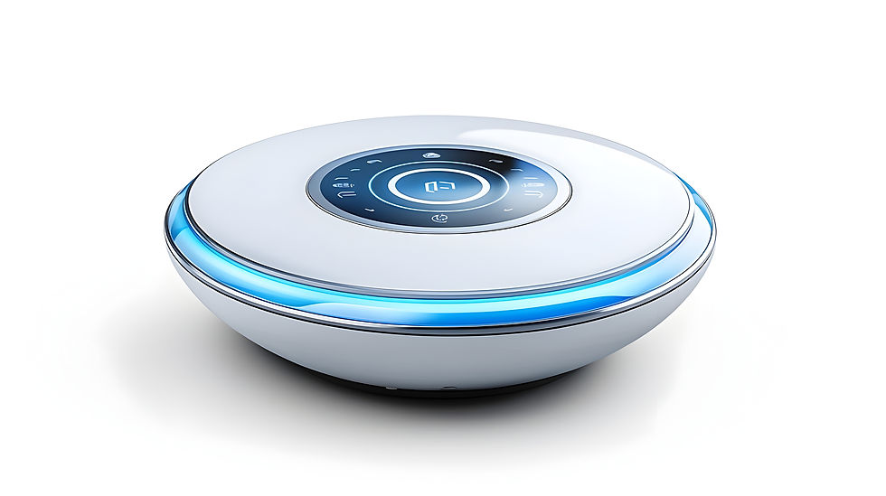 White, futuristic-looking product with blue light ring and digital display. I am a Product.