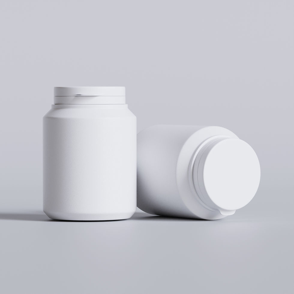 Two white supplement bottles with no visible text. I am a Product. Isolated on grey background.