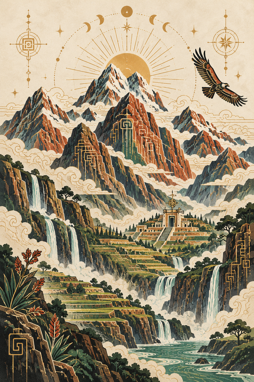 Engraved Andean mountain peaks, terraced paths, waterfalls, and a soaring condor in forest green, ochre, and terracotta