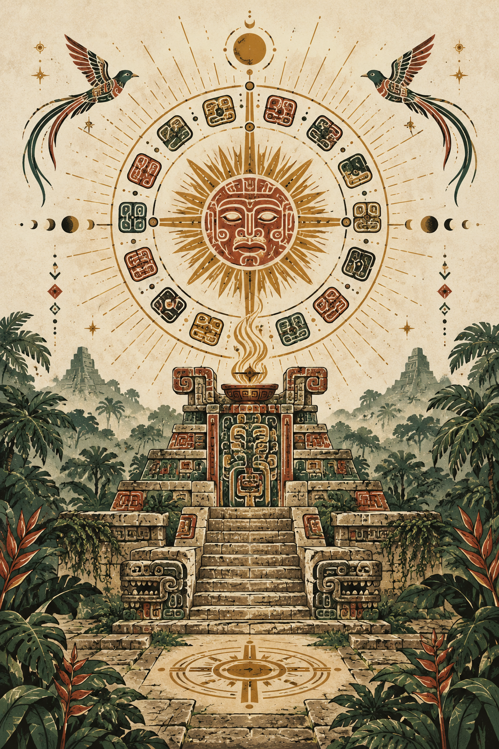 Manuscript illustration of a ceremonial temple with a golden celestial wheel and birds above its steps