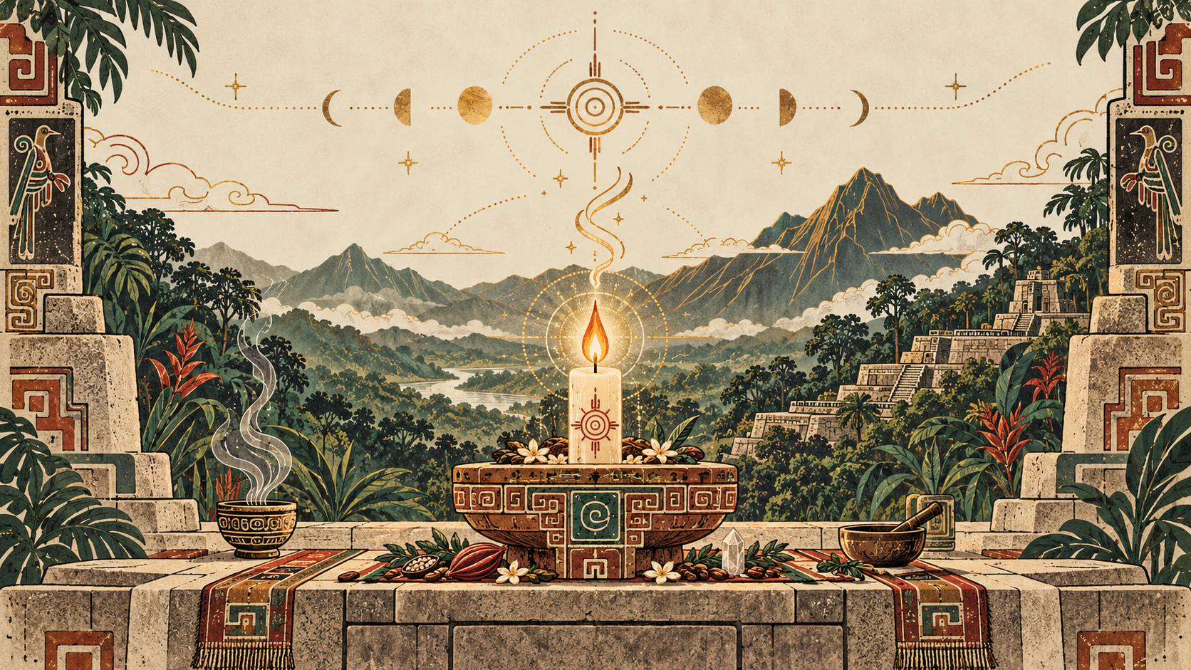 A candle burns on a carved temple altar overlooking mountains, beneath moon phases and a golden sun