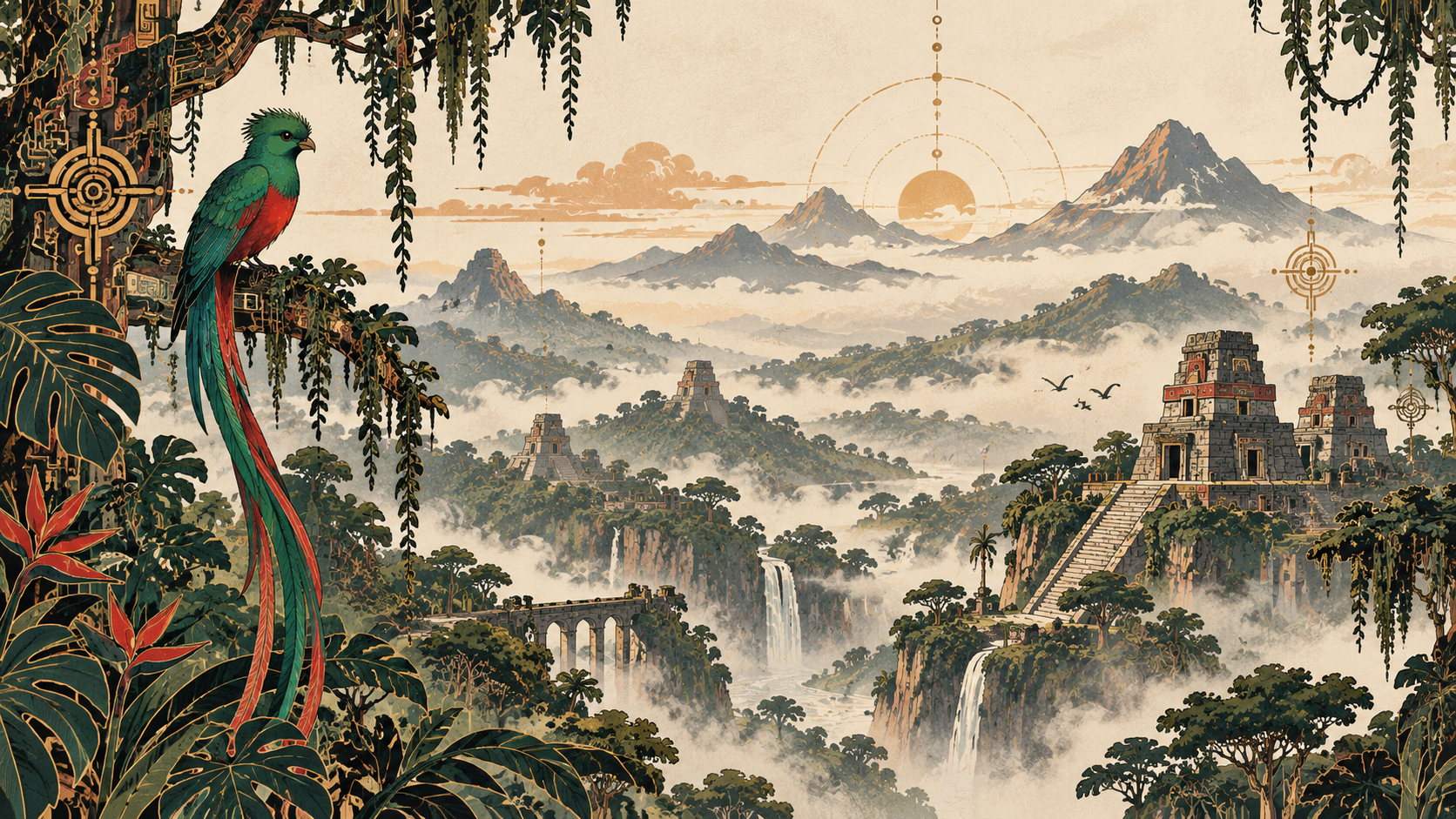 A quetzal watches over a misty mountain sanctuary in an engraved parchment illustration