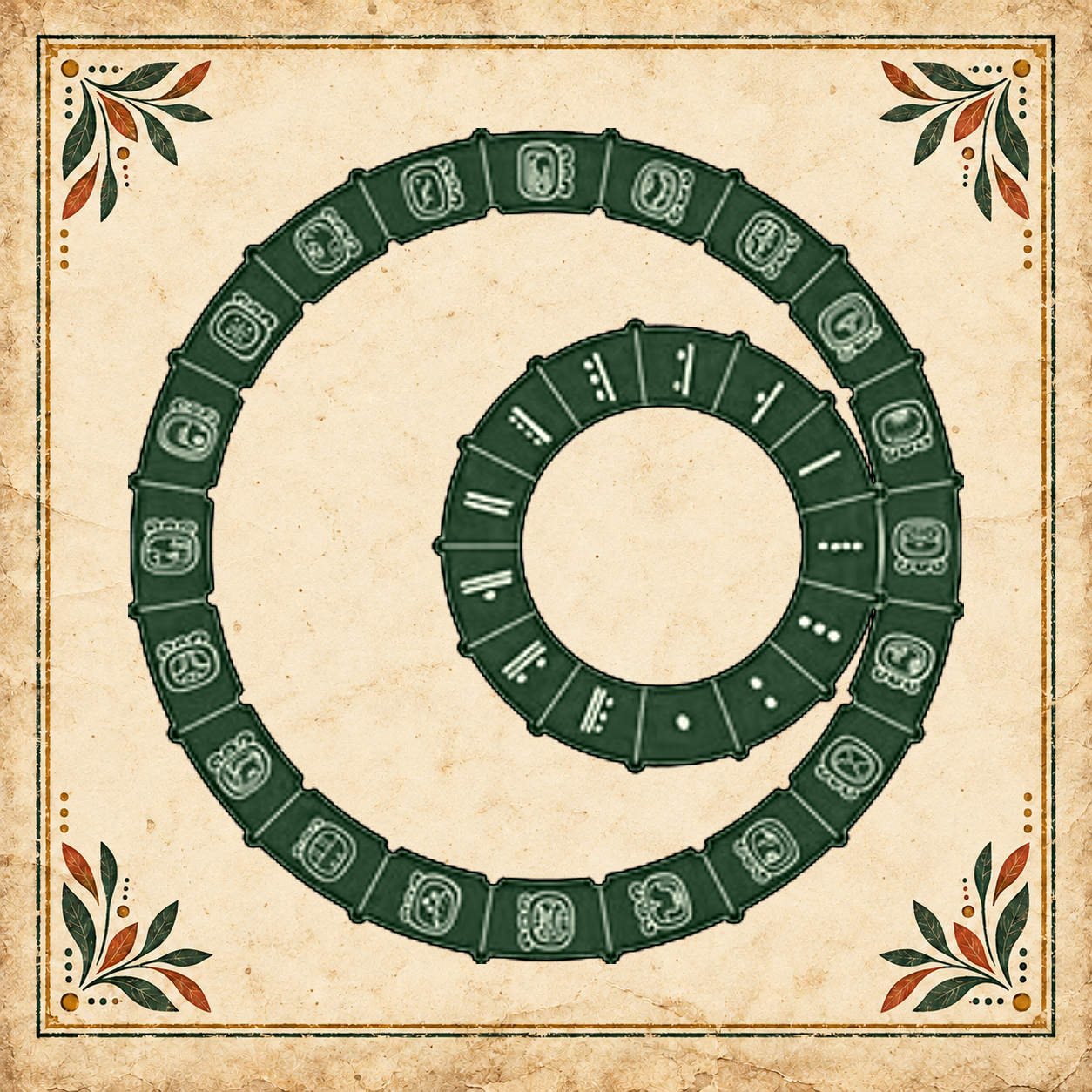 The Cholq’ij day-glyph and dot-and-bar numeral wheels in forest green, framed by parchment and ochre and terracotta leaves