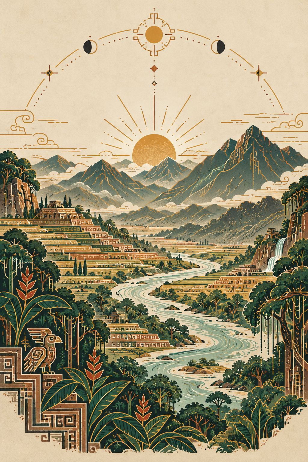 Manuscript illustration of a winding river, mountain terraces, and a rising sun on warm parchment