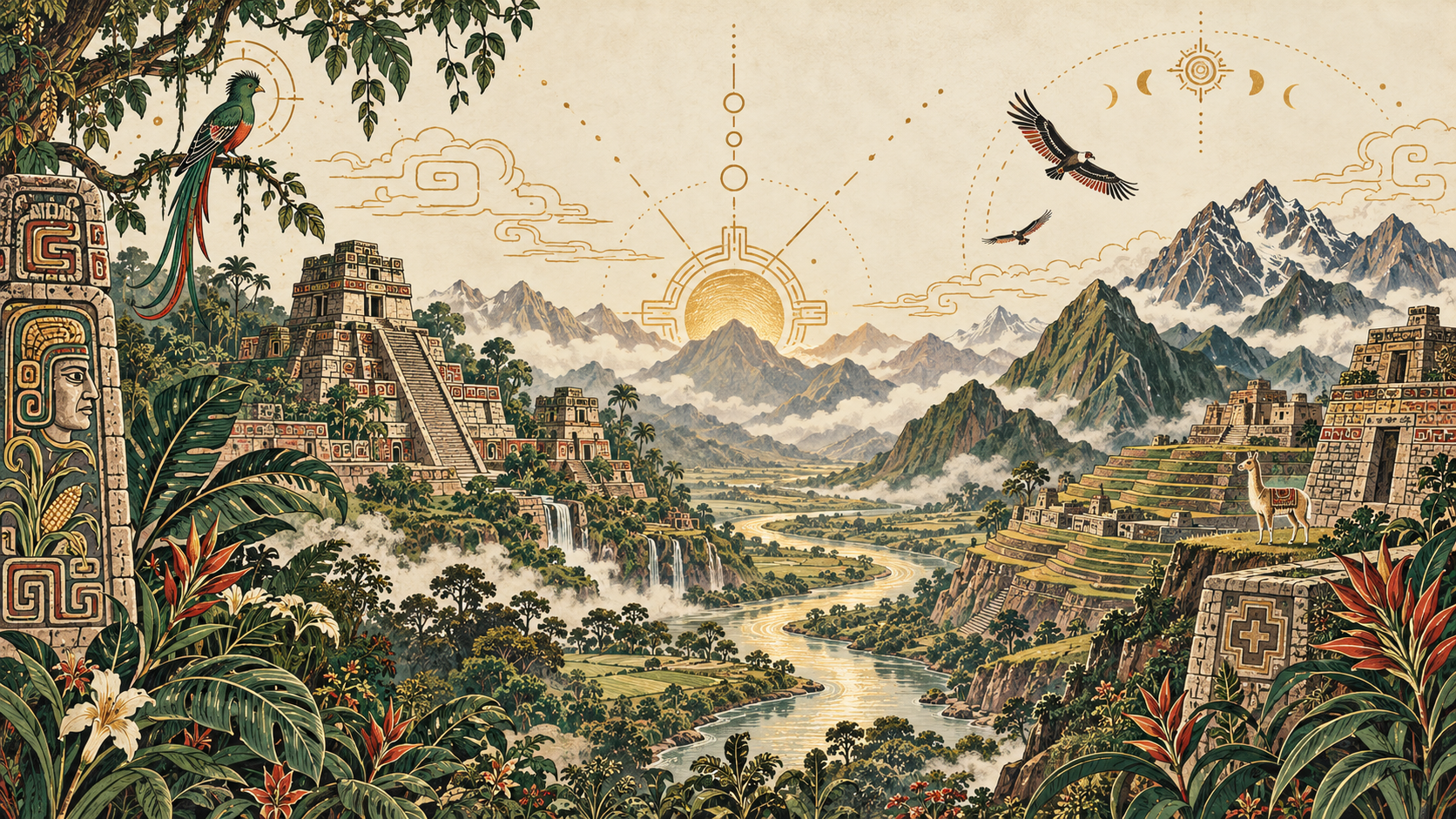 Engraved manuscript illustration of a river flowing between Maya temple terraces and Andean mountains, beneath a golden sun