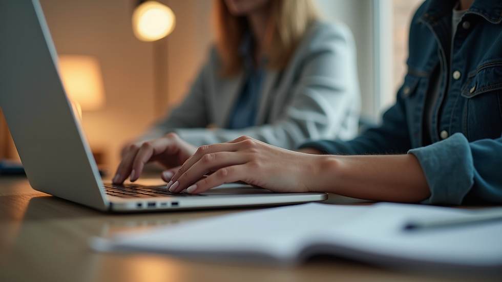 Eye-level view of a person sitting at a desk with a laptop, engaged in an online therapy session