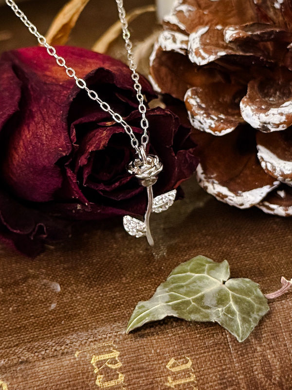Thumbnail: The Enchanted Rose - CZ Story Book Sterling Silver Necklace