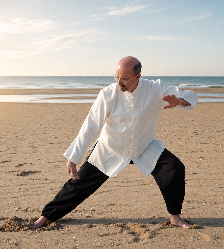 Illustration d'un mouvement de Qi Gong, geste lent en pleine conscience