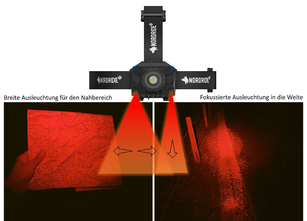 Stirnlampe rotes Licht für breite und weite Ausleuchtung