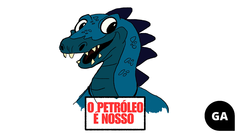 Dinossauro com uma placa escrita "o petróleo é nosso".