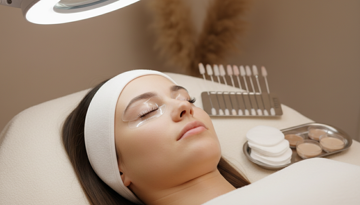 Eye-level view of a calm lash lift treatment setup in a spa room