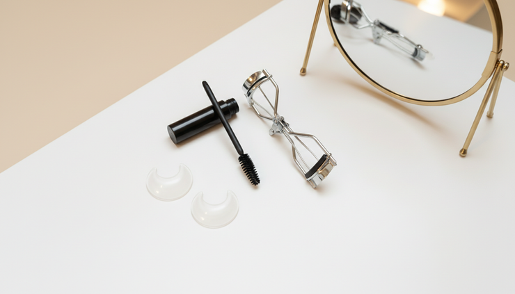 Overhead view of mascara, lash curler, and lash lift tools on a vanity