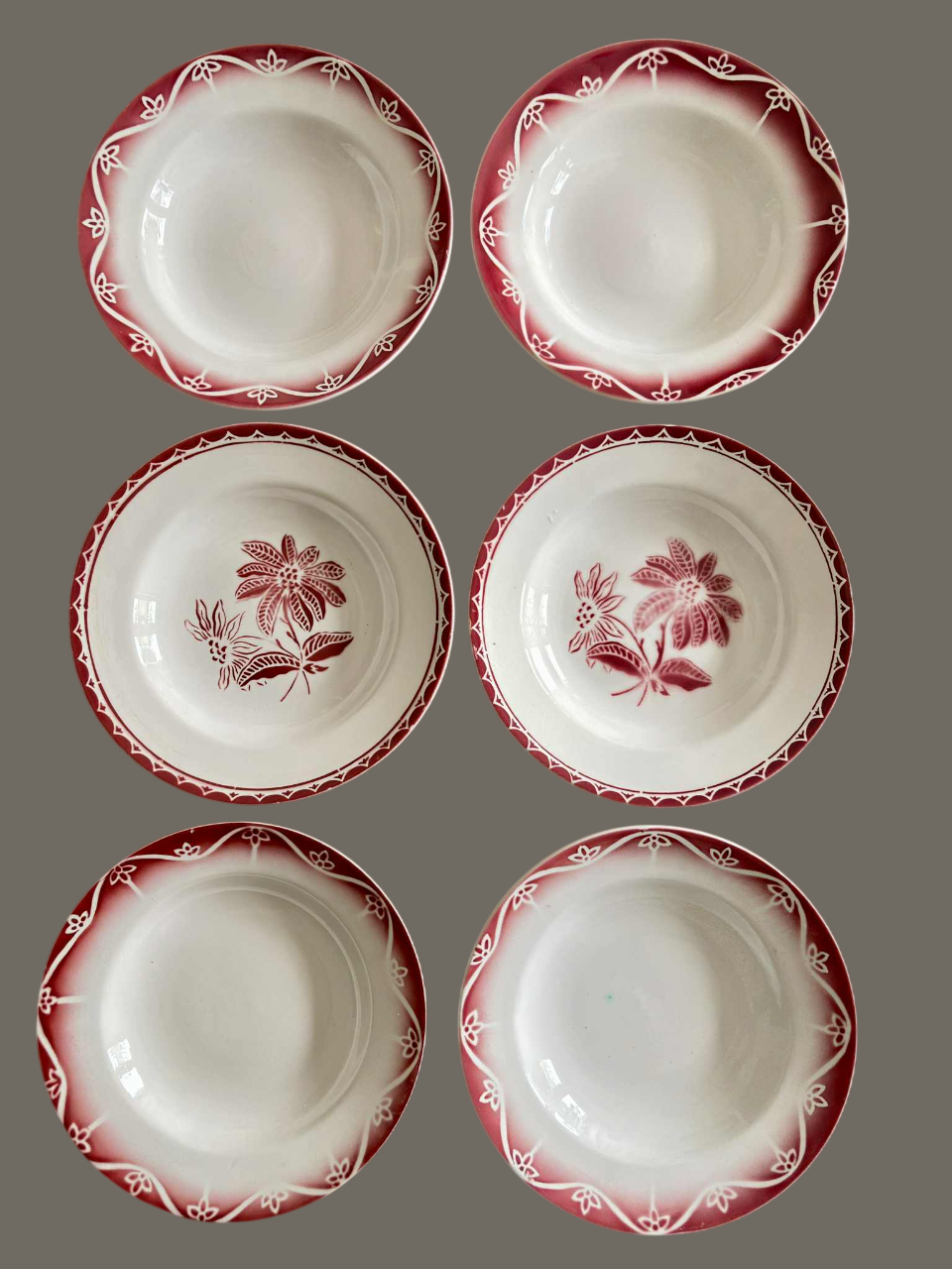 Service 6 assiettes creuses dépareillées Baléares - Sarreguemines décor bordeaux vue 1