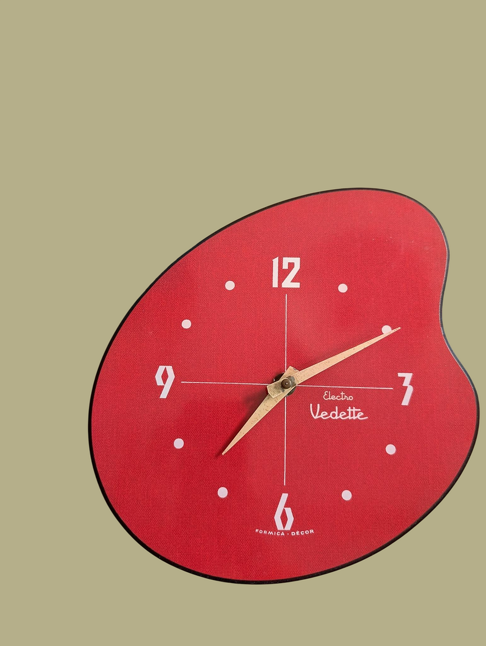 Horloge vintage Vedette en formica en forme de palette rouge vue 1