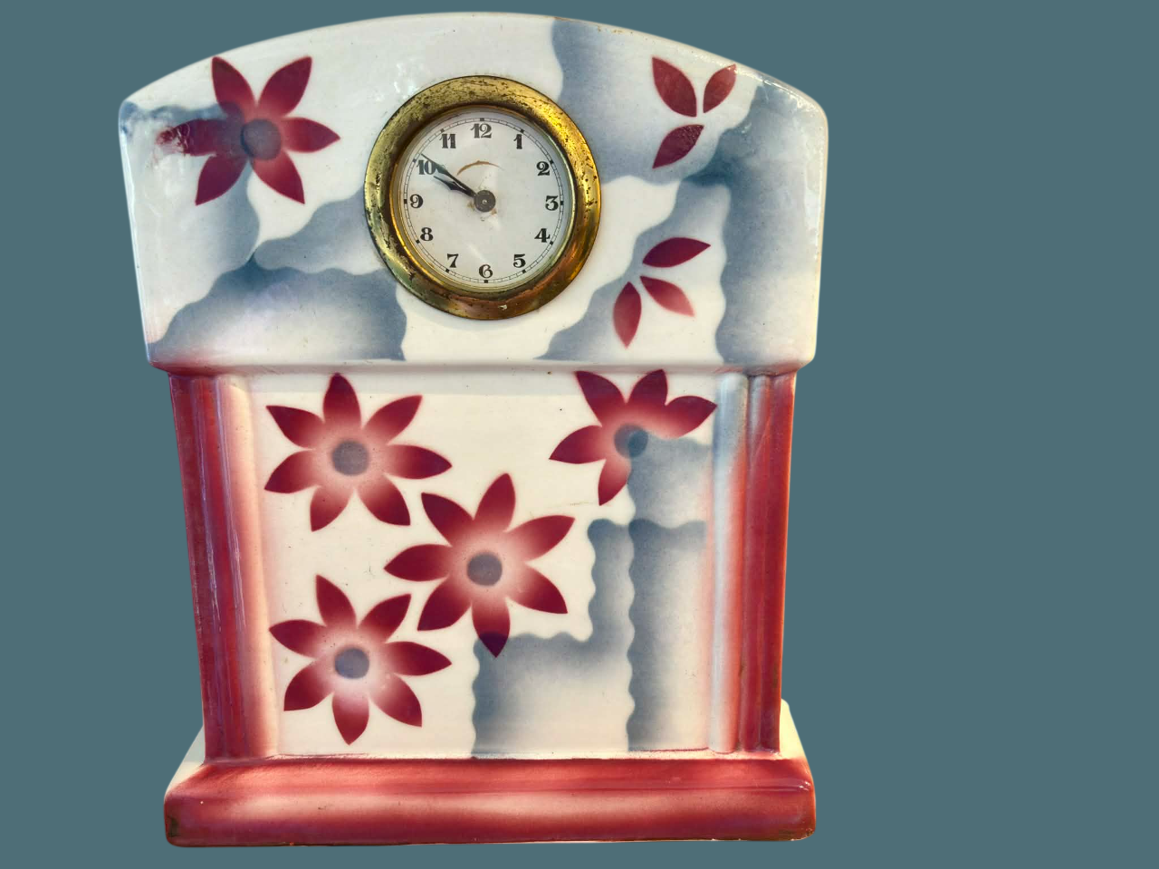Ancienne pendule vintage garniture de cheminée décor fleur rose vue 1