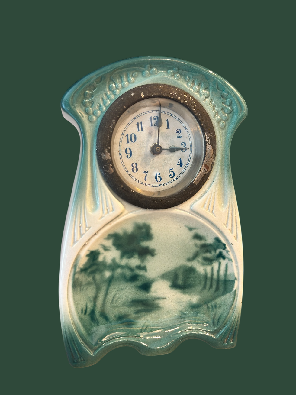 Horloge vintage de cheminée pendulette décor vert thème nature vue 1