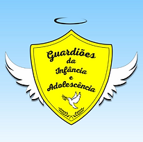 Logo do movimento Guardiões da Infância e Adolescência possui um escudo amarelo, com asas brancas por trás visÃveis, e no escudo contém o desenho de uma pomba branca, e dois ramos com cada um com 12 folhas, e a frase no escudo "Guardiões da Infância e Adolescência",