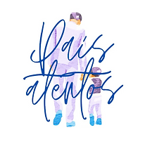 Logo do movimento Pais Atentos possui o desenho de um pai e um filho criança, ambos de costas, caminhando, e segurando as mãos, com roupa em tons de roxo ou violeta, e sapatos azuis claros.