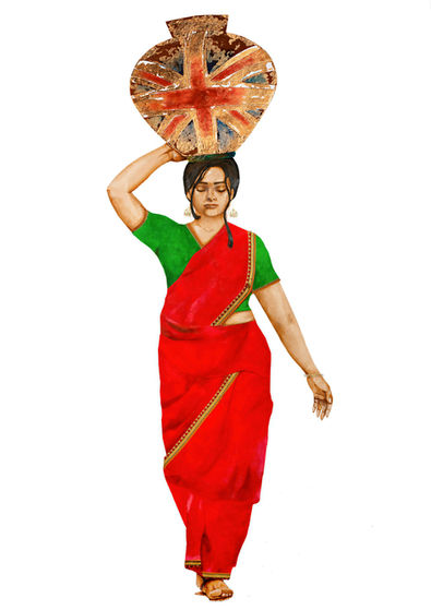 A painting of an Indian lady in a red sari and green blouse, carrying a golden pot on her head. The pot has the Union Jack flag design.