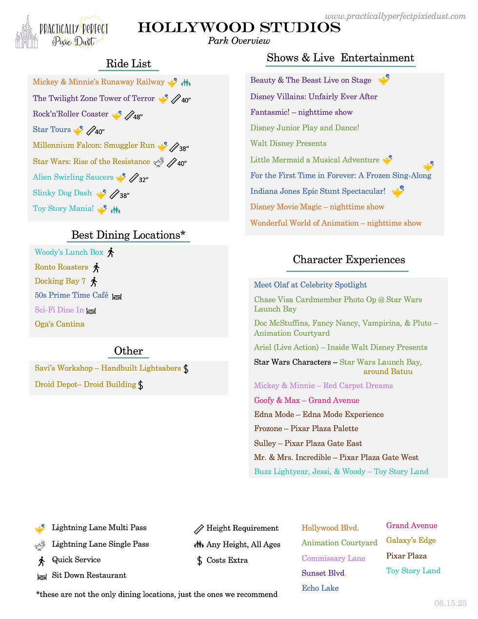 Hollywood Studios Park Overview Cheat Sheet
