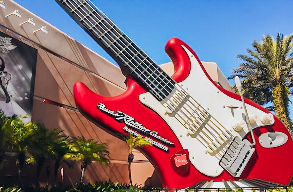 Giant Red and White Guitar in from of Rock n Roller Coster at Hollywood Studios